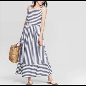 A New Day Blue and White Striped Waist Tie Sundress Coastal Size Small